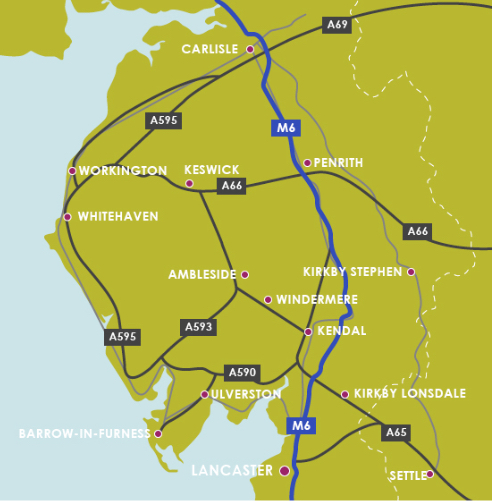 Road and motorway map of Cumbria