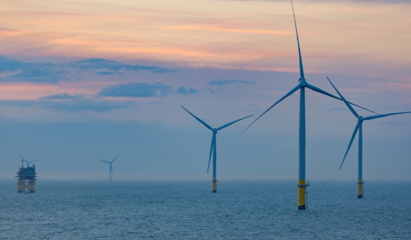 Photo of offshore wind turbines stretching out to sea