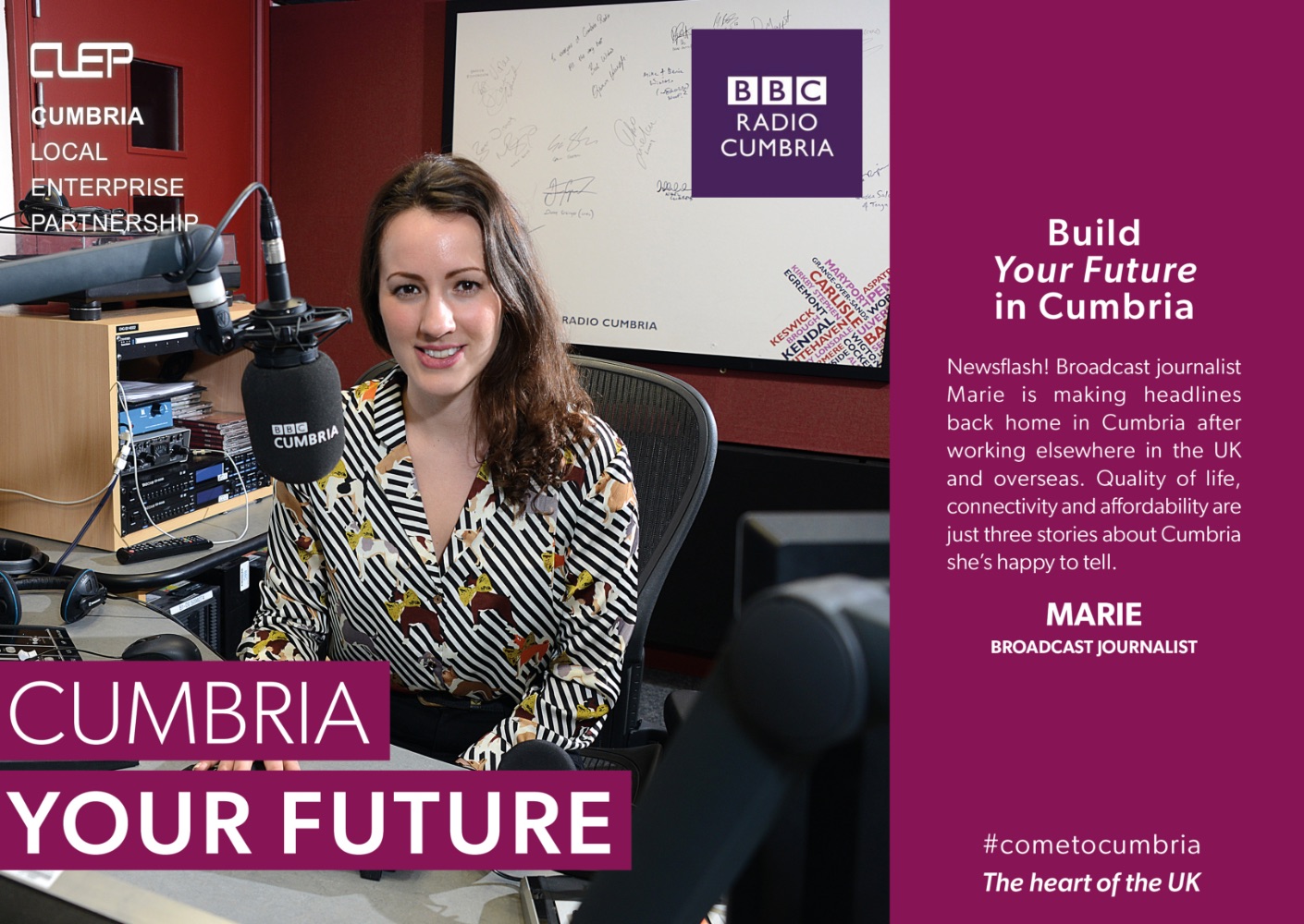 Build Your Future In Cumbria: Newsflash! Broadcast journalist Marie is making headlines back home in Cumbria after working elsewhere in the UK and overseas. Quality of life, connectivity and affordability are just three stories about Cumbria she's happy to tell. (Photo: Marie, broadcast journalist).