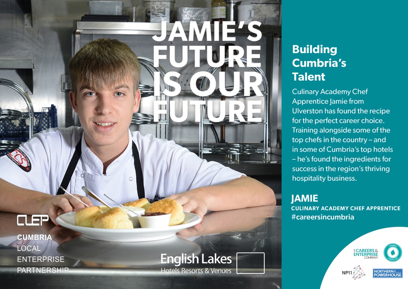 Building Cumbria's Talent - Culinary Academy Chef Jamie from Ulverston has found the recipe for the perfect career choice. Training alongside some of the top chefs in the country - and in some of Cumbria's top hotels - he's found the ingredients for success in the region's thriving hospitality business. (Photo of Jamie, academy chef apprentice).